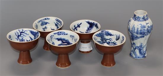 A Chinese blue and white vase and five dragon stem cups vase height 14cm